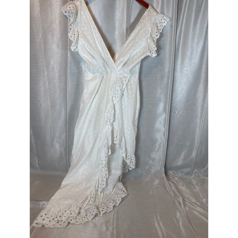 PrettyLittleThing White Eyelet Ruffle‎ High Low Dress Cutout Tie Back Vacation